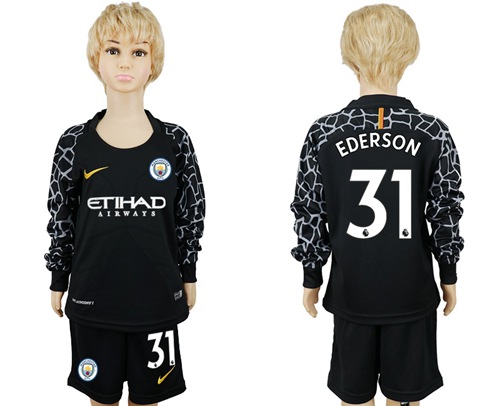 Manchester City #31 Ederson Black Goalkeeper Long Sleeves Kid Soccer Club Jersey Manchester City #31 Ederson Black Goalkeeper Long Sleeves Kid Soccer Club Jersey