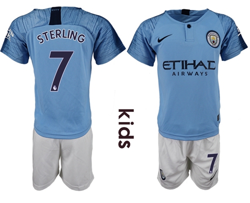 Manchester City #7 Sterling Home Kid Soccer Club Jersey