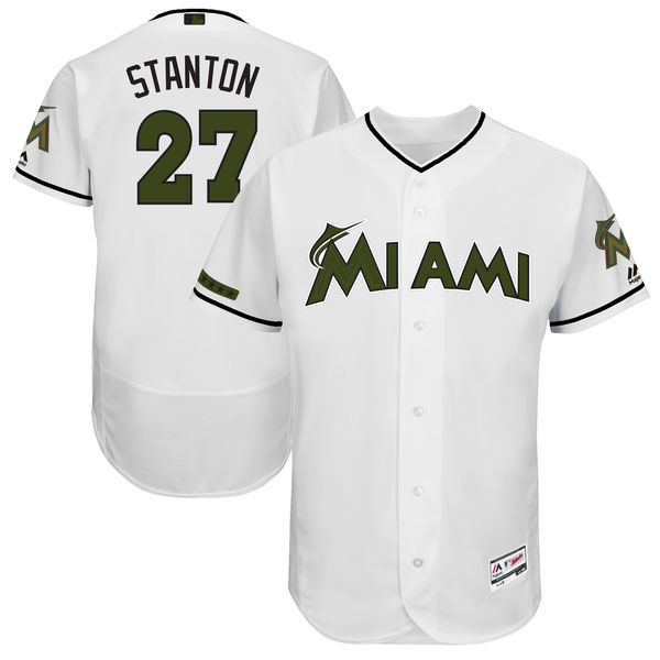 Marlins #27 Giancarlo Stanton White Men's 2017 Memorial Day Flexbase Player Jersey