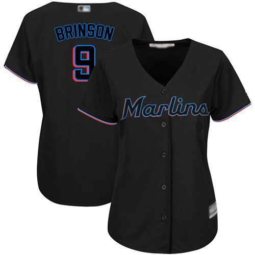 Marlins #9 Lewis Brinson Black Alternate Women's Stitched Baseball Jersey Marlins #9 Lewis Brinson Black Alternate Women's Stitched Baseball Jersey