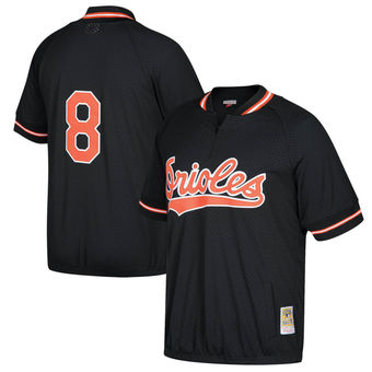 Men's Baltimore Orioles Cal Ripken Jr. Mitchell & Ness Black Cooperstown Collection Mesh Batting Practice Quarter-Zip Jersey
