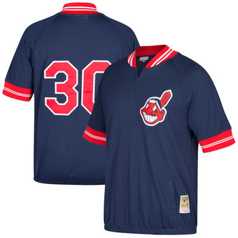 Men's Cleveland Indians Joe Carter Mitchell & Ness Navy Cooperstown Collection Mesh Batting Practice Quarter-Zip Jersey