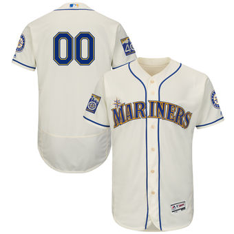 Men's Seattle Mariners Majestic Alternate Cream 2017 Authentic FlexBase Custom Jersey with Commemorative Patch