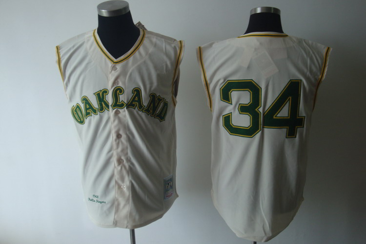Mitchell And Ness 1968 Athletics #34 Rollie Fingers Cream Throwback Stitched MLB Jersey