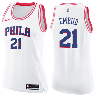 Nike 76ers #21 Joel Embiid White Pink Women's NBA Swingman Fashion Jersey