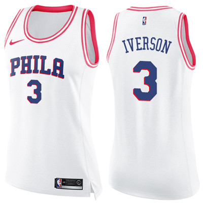 Nike 76ers #3 Allen Iverson White Pink Women's NBA Swingman Fashion Jersey