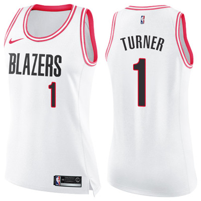 Nike Blazers #1 Evan Turner White Pink Women's NBA Swingman Fashion Jersey