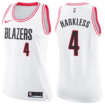 Nike Blazers #4 Moe Harkless White Pink Women's NBA Swingman Fashion Jersey