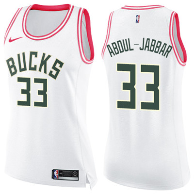 Nike Bucks #33 Kareem Abdul-Jabbar White Pink Women's NBA Swingman Fashion Jersey
