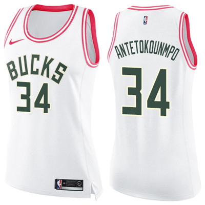 Nike Bucks #34 Giannis Antetokounmpo White Pink Women's NBA Swingman Fashion Jersey