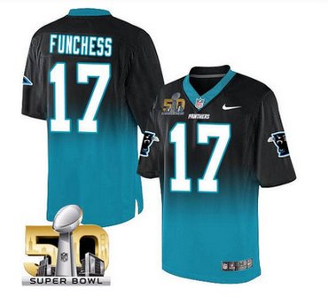 Nike Carolina Panthers #17 Devin Funchess BlackBlue Super Bowl 50 Men's Stitched NFL Elite Fadeaway Fashion Jersey