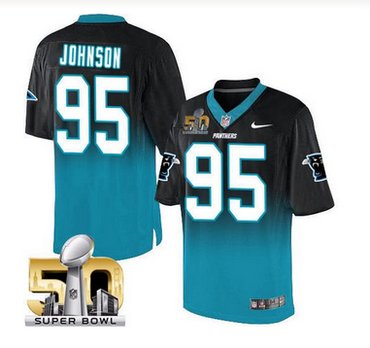 Nike Carolina Panthers #95 Charles Johnson BlackBlue Super Bowl 50 Men's Stitched NFL Elite Fadeaway Fashion Jersey