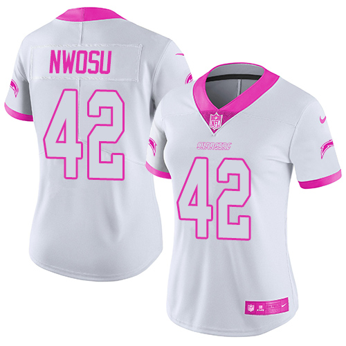 Nike Chargers #42 Uchenna Nwosu White Pink Women's Stitched NFL Limited Rush Fashion Jerse