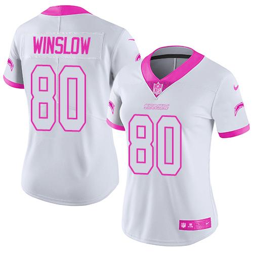 Nike Chargers #80 Kellen Winslow White Pink Women's Stitched NFL Limited Rush Fashion Jersey