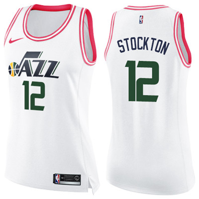 Nike Jazz #12 John Stockton White Pink Women's NBA Swingman Fashion Jersey