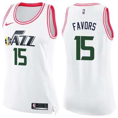 Nike Jazz #15 Derrick Favors White Pink Women's NBA Swingman Fashion Jersey