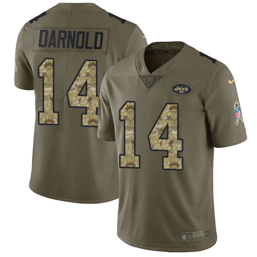 Nike Jets #14 Sam Darnold Olive Camo Men's Stitched NFL Limited 2017 Salute To Service Jersey