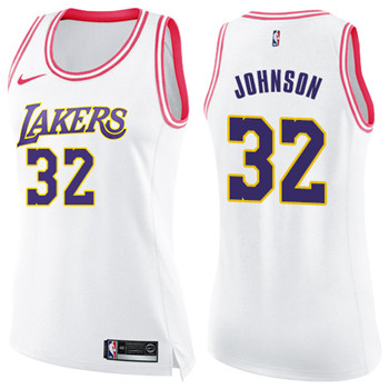 Nike Lakers #32 Magic Johnson White Pink Women's NBA Swingman Fashion Jersey Nike Lakers #32 Magic Johnson White Pink Women's NBA Swingman Fashion Jersey