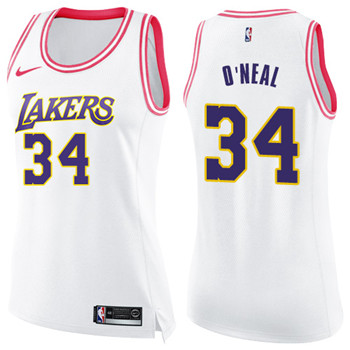 Nike Lakers #34 Shaquille O'Neal White Pink Women's NBA Swingman Fashion Jersey