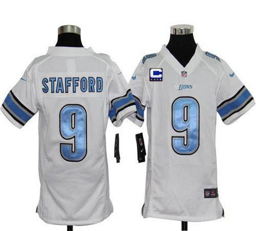 Nike Lions #9 Matthew Stafford White With C Patch Youth Stitched NFL Elite Jersey Nike Lions #9 Matthew Stafford White With C Patch Youth Stitched NFL Elite Jersey