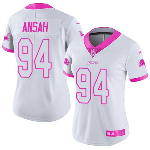 Nike Lions #94 Ziggy Ansah White Pink Women's Stitched NFL Limited Rush Fashion Jersey
