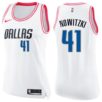 Nike Mavericks #41 Dirk Nowitzki White Pink Women's NBA Swingman Fashion Jersey