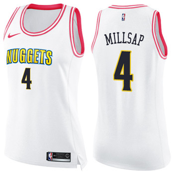 Nike Nuggets #4 Paul Millsap White Pink Women's NBA Swingman Fashion Jersey