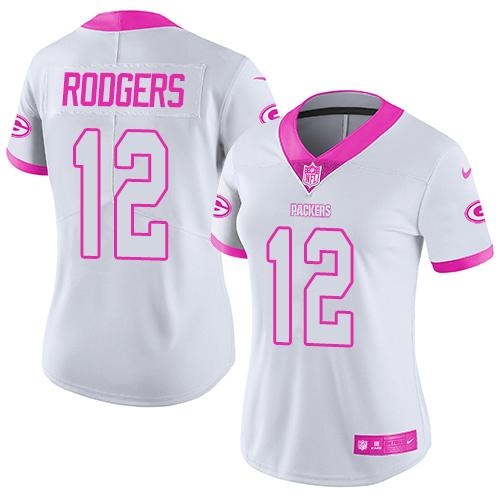 Nike Packers #12 Aaron Rodgers White Pink Women's Stitched NFL Limited Rush Fashion Jersey