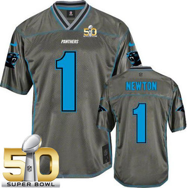 Nike Panthers #1 Cam Newton Grey Super Bowl 50 Men's Stitched NFL Elite Vapor Jersey
