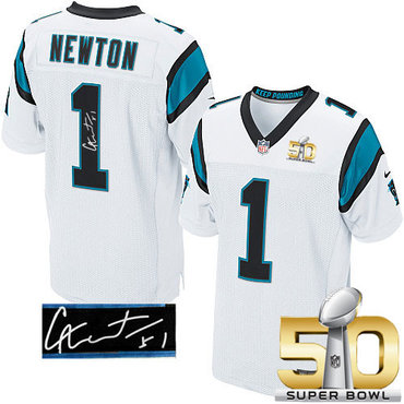 Nike Panthers #1 Cam Newton White Super Bowl 50 Men's Stitched NFL Elite Autographed Jersey