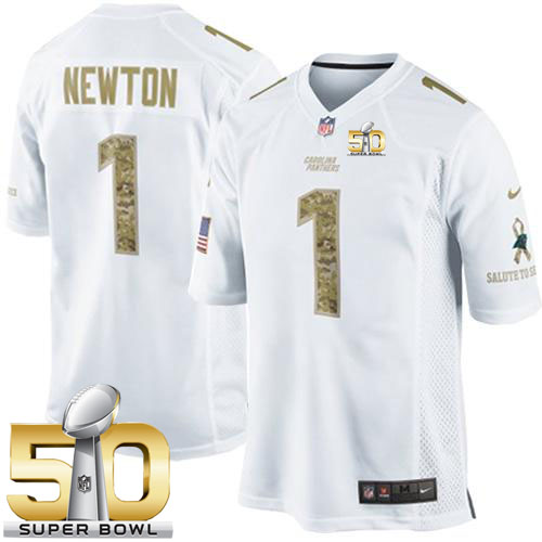 Nike Panthers #1 Cam Newton White Super Bowl 50 Men's Stitched NFL Limited Salute to Service Jersey