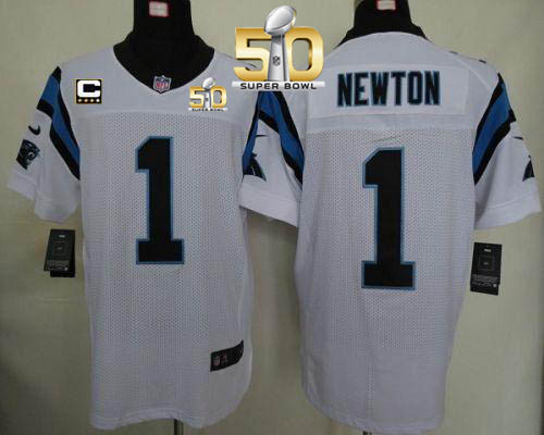 Nike Panthers #1 Cam Newton White With C Patch Super Bowl 50 Men's Stitched NFL Elite Jersey