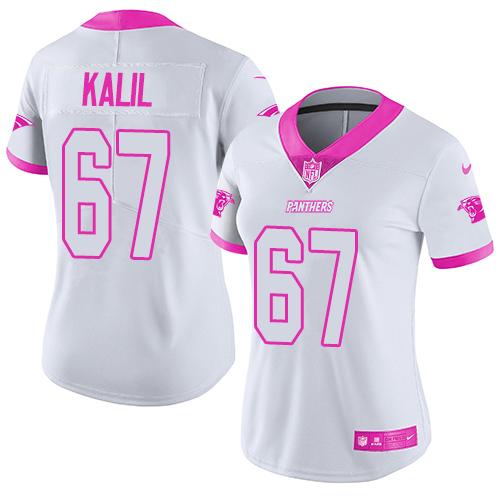 Nike Panthers #67 Ryan Kalil White Pink Women's Stitched NFL Limited Rush Fashion Jersey
