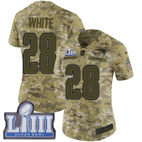 Nike Patriots #28 James White Camo Super Bowl LIII Bound Women's Stitched NFL Limited 2018 Salute To Service Jersey