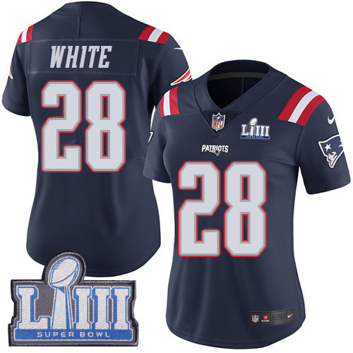 Nike Patriots #28 James White Navy Blue Super Bowl LIII Bound Women's Stitched NFL Limited Rush Jersey Nike Patriots #28 James White Navy Blue Super Bowl LIII Bound Women's Stitched NFL Limited Rush Jersey