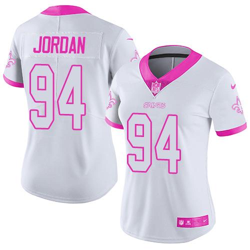 Nike Saints #94 Cameron Jordan White Pink Women's Stitched NFL Limited Rush Fashion Jersey