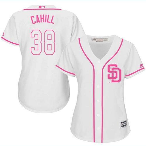 Padres #38 Trevor Cahill White Pink Fashion Women's Stitched MLB Jersey
