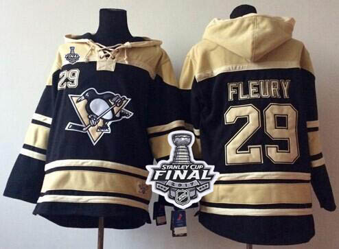 Penguins #29 Andre Fleury Black Sawyer Hooded Sweatshirt 2017 Stanley Cup Final Patch Stitched NHL Jersey