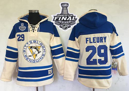 Penguins #29 Andre Fleury Cream Sawyer Hooded Sweatshirt 2017 Stanley Cup Final Patch Stitched NHL Jersey