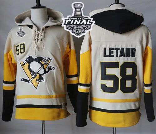 Penguins #58 Kris Letang Cream Gold Sawyer Hooded Sweatshirt 2017 Stanley Cup Final Patch Stitched NHL Jersey