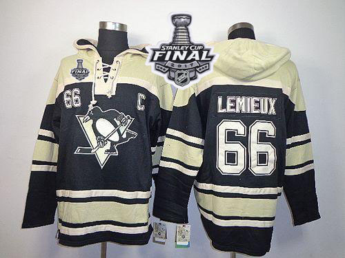 Penguins #66 Mario Lemieux Black Sawyer Hooded Sweatshirt 2017 Stanley Cup Final Patch Stitched NHL Jersey