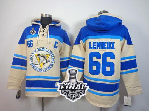 Penguins #66 Mario Lemieux Cream Sawyer Hooded Sweatshirt 2017 Stanley Cup Final Patch Stitched NHL Jersey