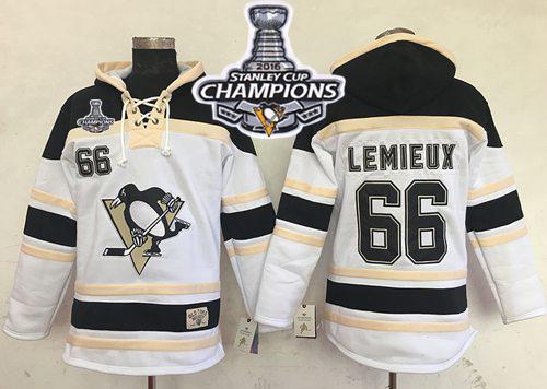 Penguins #66 Mario Lemieux White Sawyer Hooded Sweatshirt 2016 Stanley Cup Final Patch Stitched NHL Jersey