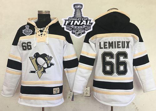 Penguins #66 Mario Lemieux White Sawyer Hooded Sweatshirt 2017 Stanley Cup Final Patch Stitched NHL Jersey