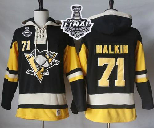 Penguins #71 Evgeni Malkin Black Alternate Sawyer Hooded Sweatshirt 2017 Stanley Cup Final Patch Stitched NHL Jersey