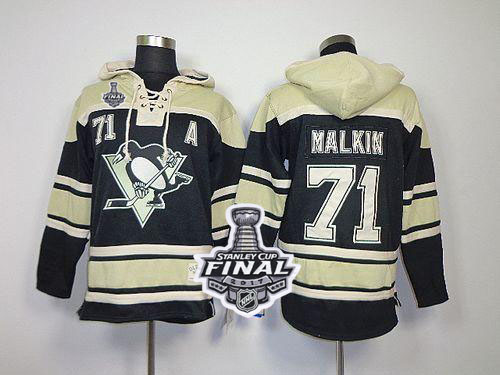 Penguins #71 Evgeni Malkin Black Sawyer Hooded Sweatshirt 2017 Stanley Cup Final Patch Stitched NHL Jersey