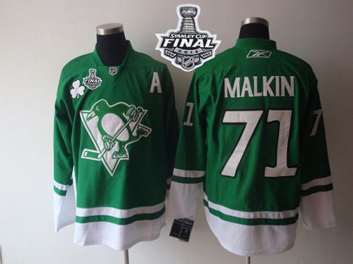 Penguins #71 Evgeni Malkin Green St Patty's Day 2016 Stanley Cup Final Patch Stitched NHL Jersey