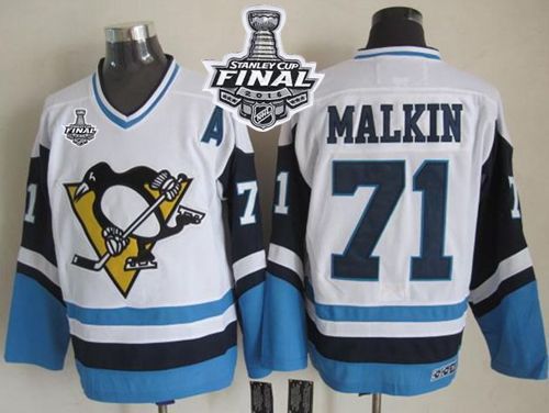 Penguins #71 Evgeni Malkin White Blue CCM Throwback 2016 Stanley Cup Final Patch Stitched NHL Jersey