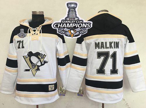 Penguins #71 Evgeni Malkin White Sawyer Hooded Sweatshirt 2016 Stanley Cup Final Patch Stitched NHL Jersey