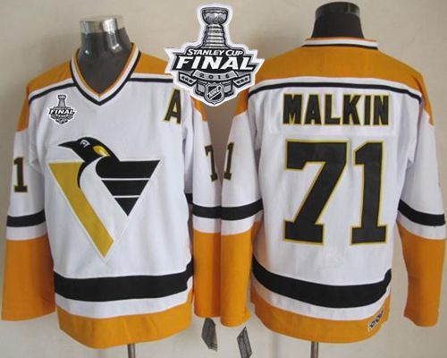 Penguins #71 Evgeni Malkin White Yellow CCM Throwback 2016 Stanley Cup Final Patch Stitched NHL Jersey